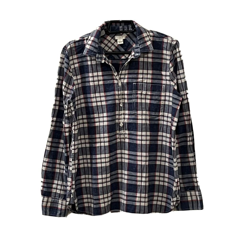 J. Crew Womens Plaid Button Collared Blue Red White Long Sleeve Shirt Sz Small